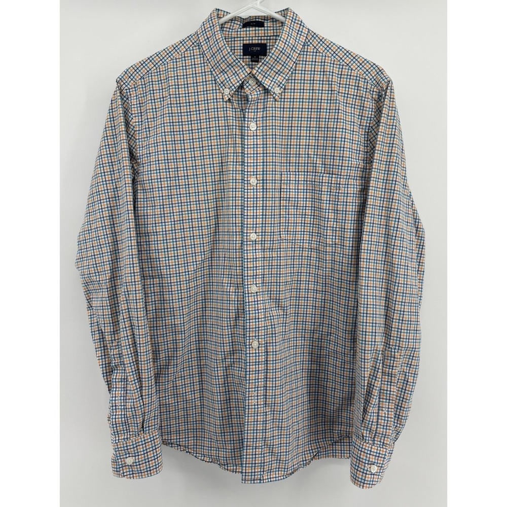 J.Crew Mens M Slim Fit Oxford Shirt Blue Orange Windowpane Long Sleeve 06134